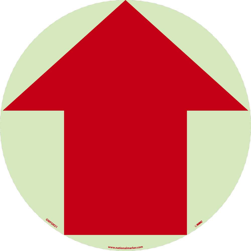 NMC - Adhesive Backed Floor Signs; Message Type: Exit, Entrance & Directional ; Graphic Type: Arrow ; Message or Graphic: Graphic Only ; Legend: (Arrow Graphic Only) Red On Glow ; Color: Red on Glow ; Special Color Properties: Glow-In-The-Dark - Exact Tooling