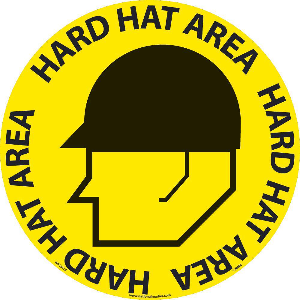 NMC - Adhesive Backed Floor Signs; Message Type: Accident Prevention ; Graphic Type: Head in Hard Hat ; Message or Graphic: Message & Graphic ; Legend: Hard Hat Area ; Color: Black; Yellow ; Special Color Properties: No Special Properties - Exact Tooling