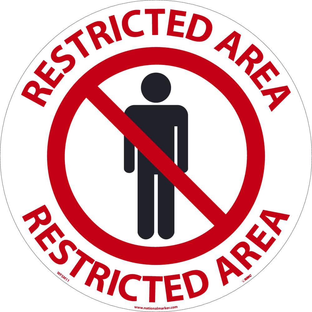 NMC - Adhesive Backed Floor Signs; Message Type: Security & Admittance ; Graphic Type: Person in Circle w/ Slash Through It ; Message or Graphic: Message & Graphic ; Legend: Restricted Area ; Color: Black; Red; White ; Special Color Properties: No Specia - Exact Tooling