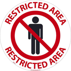 NMC - Adhesive Backed Floor Signs; Message Type: Security & Admittance ; Graphic Type: Person in Circle w/ Slash Through It ; Message or Graphic: Message & Graphic ; Legend: Restricted Area ; Color: Black; Red; White ; Special Color Properties: No Specia - Exact Tooling