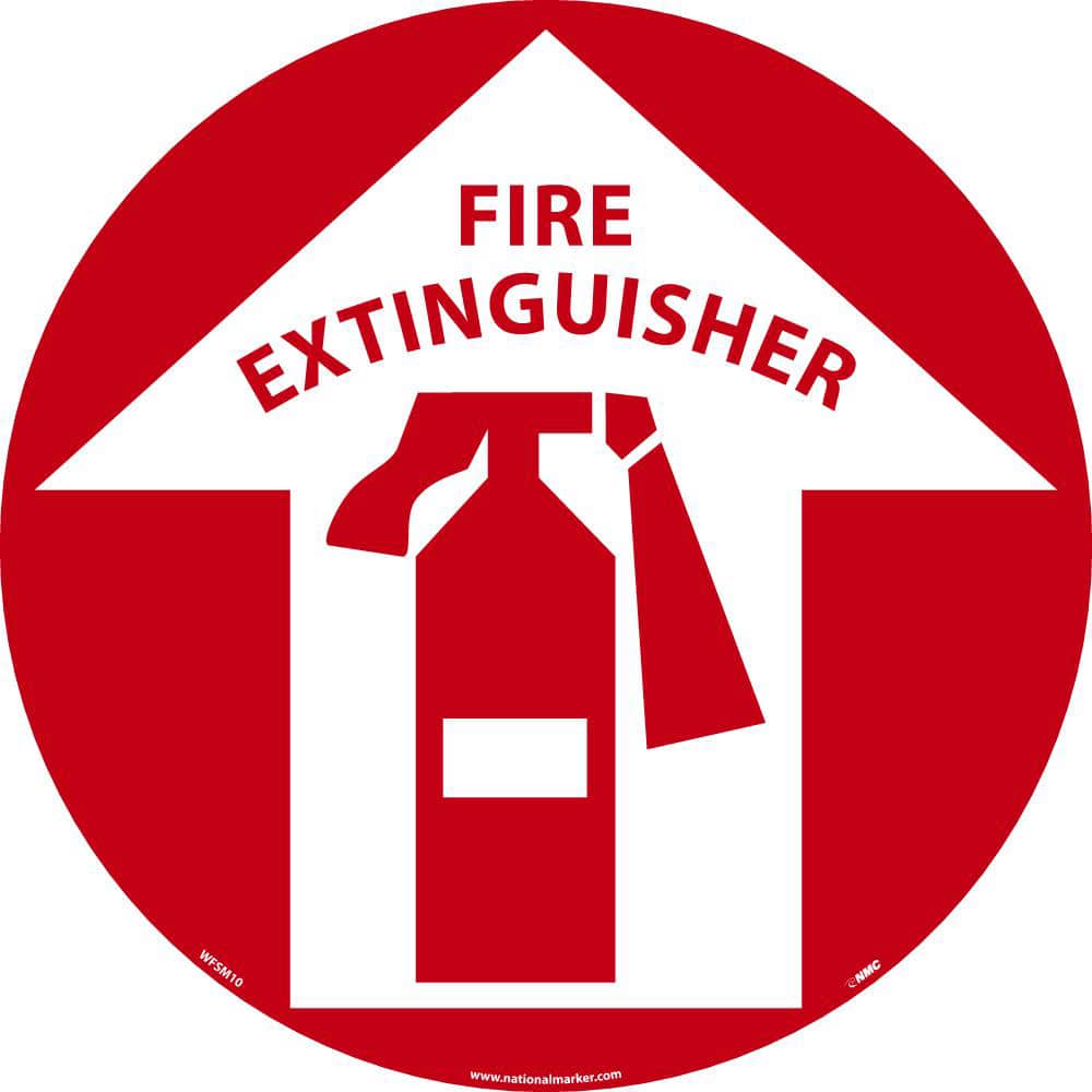 NMC - Adhesive Backed Floor Signs; Message Type: Fire ; Graphic Type: Fire Extinguisher in Up Arrow ; Message or Graphic: Message & Graphic ; Legend: Fire Extinguisher ; Color: Red; White ; Special Color Properties: No Special Properties - Exact Tooling