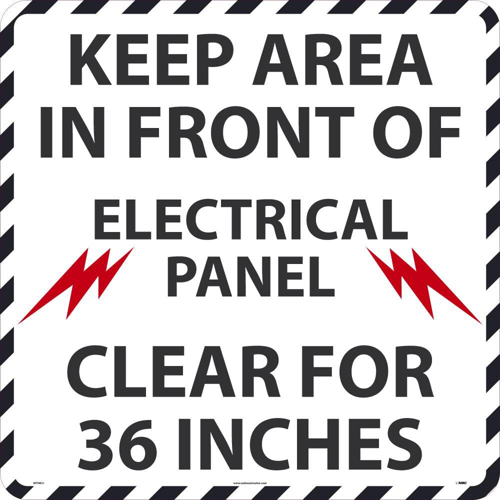 NMC - Adhesive Backed Floor Signs; Message Type: Accident Prevention ; Graphic Type: Arc Flash ; Message or Graphic: Message & Graphic ; Legend: Keep Area In Front Of Electrical Panel Clear For 36 Inches ; Color: Black; Red; White ; Special Color Propert - Exact Tooling