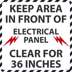 NMC - Adhesive Backed Floor Signs; Message Type: Accident Prevention ; Graphic Type: Arc Flash ; Message or Graphic: Message & Graphic ; Legend: Keep Area In Front Of Electrical Panel Clear For 36 Inches ; Color: Black; Red; White ; Special Color Propert - Exact Tooling