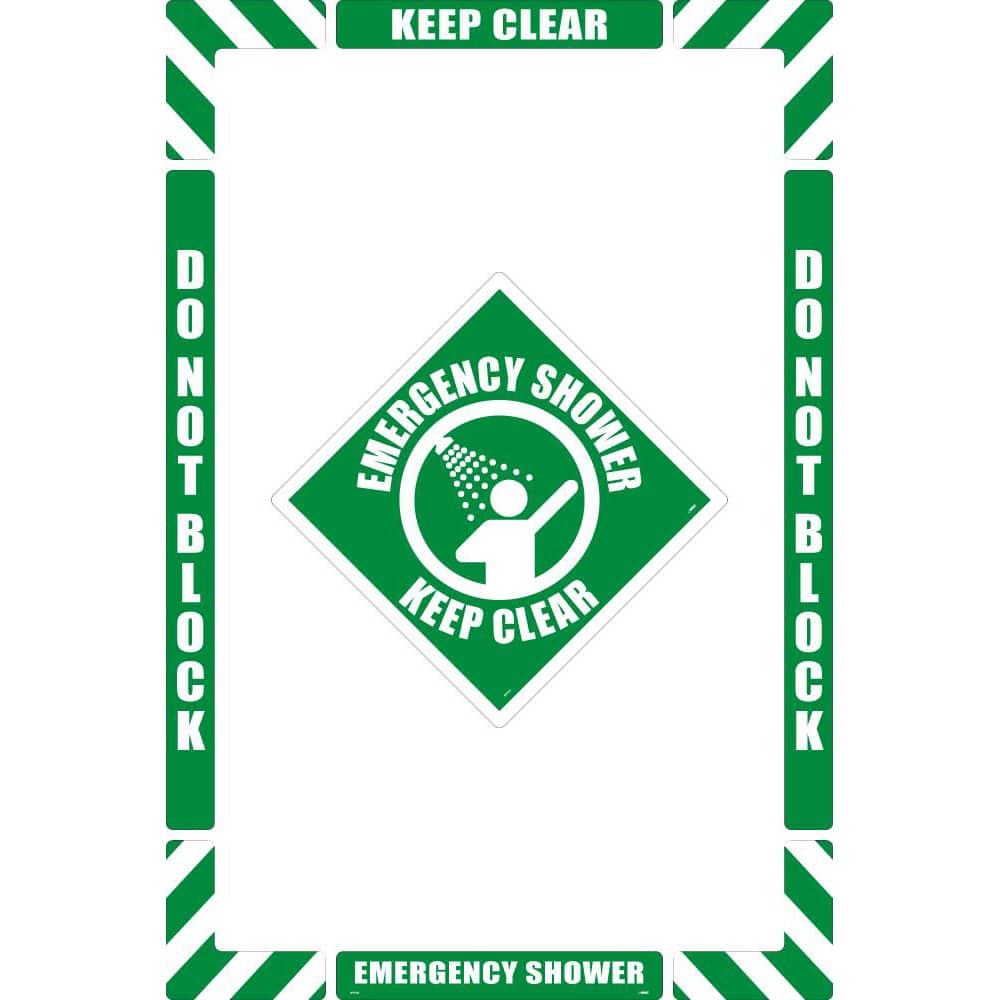 NMC - Adhesive Backed Floor Signs; Message Type: First Aid ; Graphic Type: Man Showering ; Message or Graphic: Message & Graphic ; Legend: Emergency Shower Keep Clear ; Color: Green; White ; Special Color Properties: No Special Properties - Exact Tooling