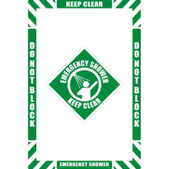 NMC - Adhesive Backed Floor Signs; Message Type: First Aid ; Graphic Type: Man Showering ; Message or Graphic: Message & Graphic ; Legend: Emergency Shower Keep Clear ; Color: Green; White ; Special Color Properties: No Special Properties - Exact Tooling