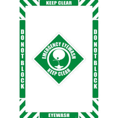 NMC - Adhesive Backed Floor Signs; Message Type: First Aid ; Graphic Type: Head over Eye Wash ; Message or Graphic: Message & Graphic ; Legend: Emergency Eyewash Keep Clear ; Color: Green; White ; Special Color Properties: No Special Properties - Exact Tooling
