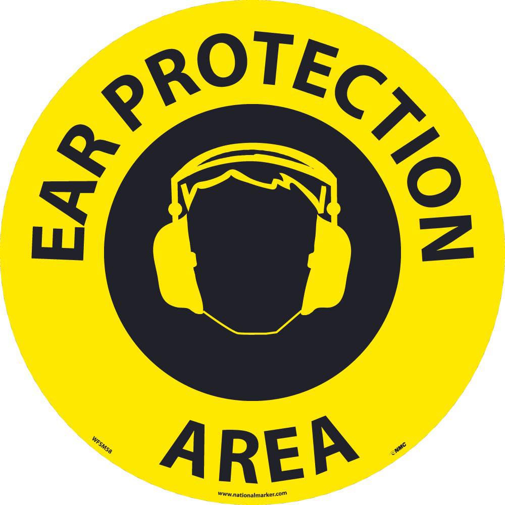 NMC - Adhesive Backed Floor Signs; Message Type: Accident Prevention ; Graphic Type: Head w/Ear Protection ; Message or Graphic: Message & Graphic ; Legend: Ear Protection Area ; Color: Black; Yellow ; Special Color Properties: No Special Properties - Exact Tooling
