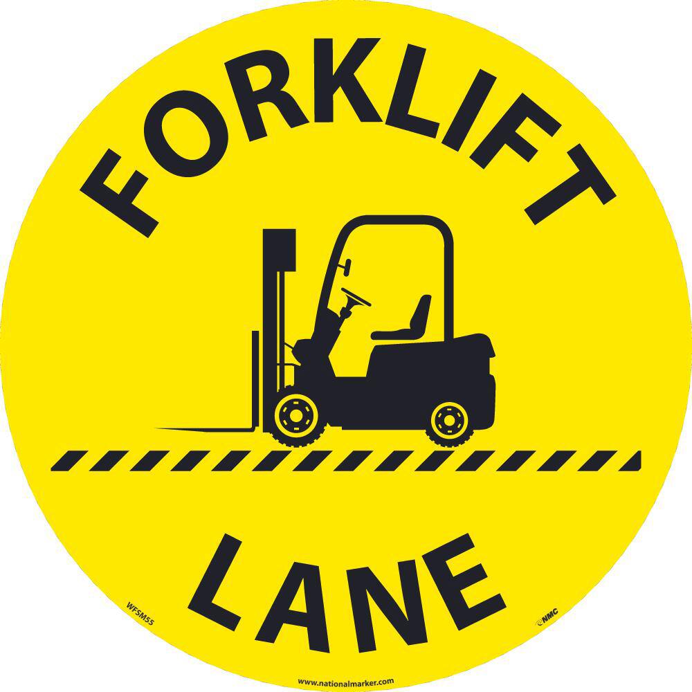 NMC - Adhesive Backed Floor Signs; Message Type: Accident Prevention ; Graphic Type: Forklift ; Message or Graphic: Message & Graphic ; Legend: Forklift Lane ; Color: Black; Yellow ; Special Color Properties: No Special Properties - Exact Tooling