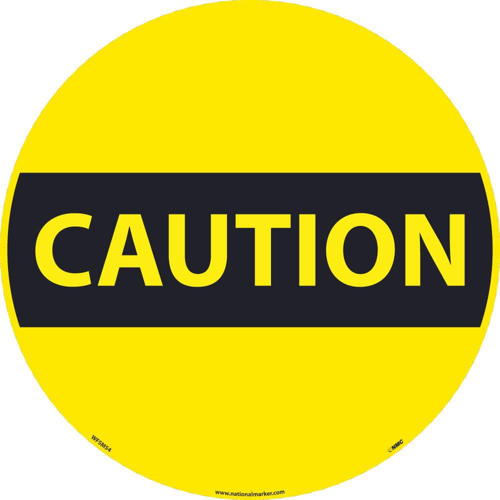 NMC - Adhesive Backed Floor Signs; Message Type: Restroom, Janitorial & Housekeeping ; Graphic Type: Caution Header ; Message or Graphic: Message & Graphic ; Legend: Caution ; Color: Black; Yellow ; Special Color Properties: No Special Properties - Exact Tooling