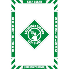 NMC - Adhesive Backed Floor Signs; Message Type: First Aid ; Graphic Type: Man Showering ; Message or Graphic: Message & Graphic ; Legend: Emergency Shower Keep Clear ; Color: Green; White ; Special Color Properties: No Special Properties - Exact Tooling