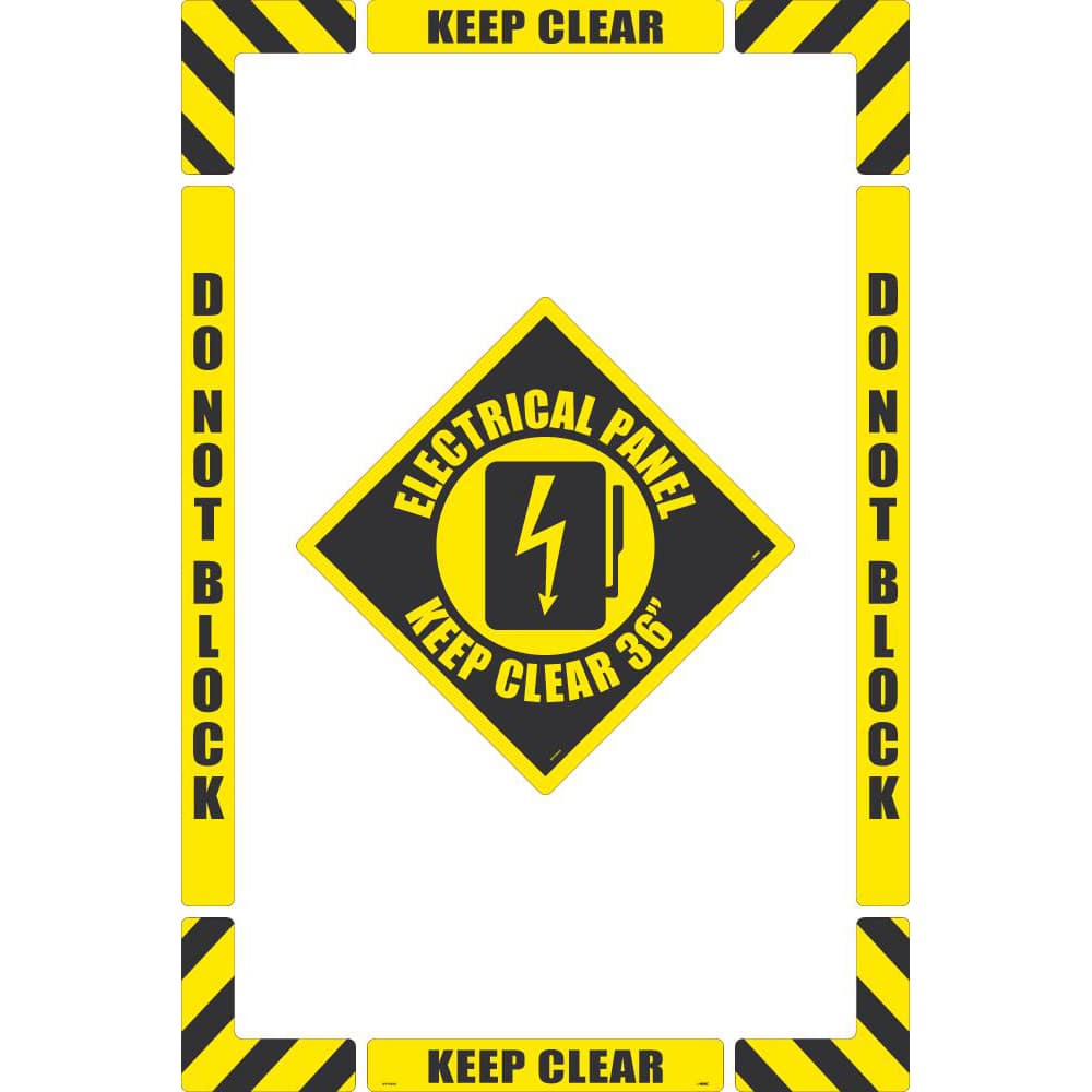 NMC - Adhesive Backed Floor Signs; Message Type: Accident Prevention ; Graphic Type: Arc Flash ; Message or Graphic: Message & Graphic ; Legend: Electrical Panel Keep Clear 36" ; Color: Black; Yellow ; Special Color Properties: No Special Properties - Exact Tooling