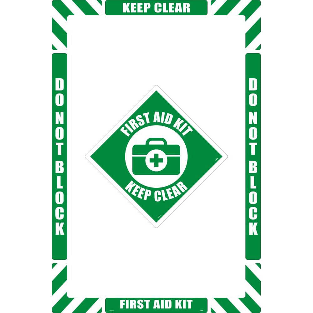 NMC - Adhesive Backed Floor Signs; Message Type: First Aid ; Graphic Type: First Aid Kit ; Message or Graphic: Message & Graphic ; Legend: First Aid Keep Clear ; Color: Green; White ; Special Color Properties: No Special Properties - Exact Tooling