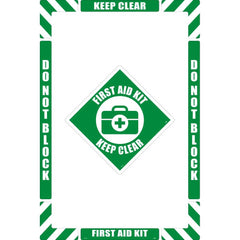 NMC - Adhesive Backed Floor Signs; Message Type: First Aid ; Graphic Type: First Aid Kit ; Message or Graphic: Message & Graphic ; Legend: First Aid Keep Clear ; Color: Green; White ; Special Color Properties: No Special Properties - Exact Tooling