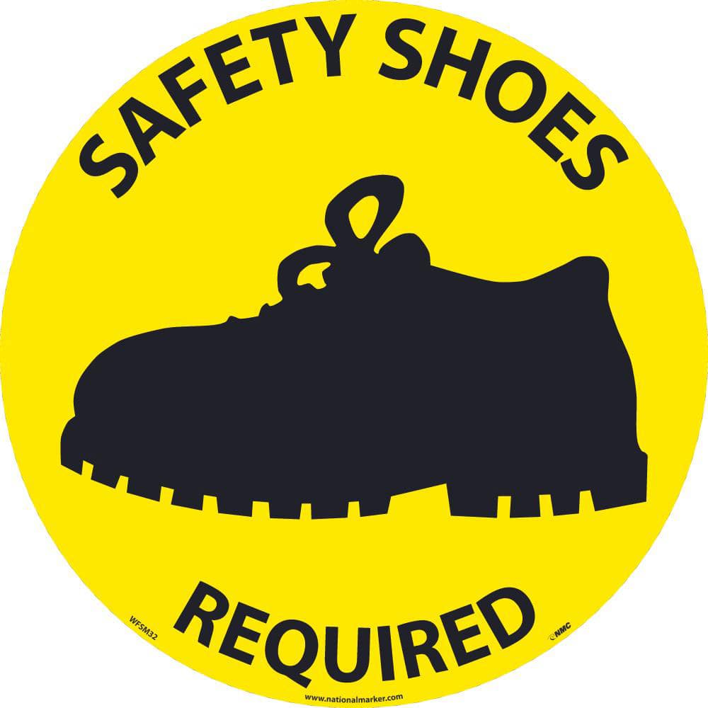 NMC - Adhesive Backed Floor Signs; Message Type: Accident Prevention ; Graphic Type: Shoe ; Message or Graphic: Message & Graphic ; Legend: Safety Shoes Required ; Color: Yellow; Black ; Special Color Properties: No Special Properties - Exact Tooling