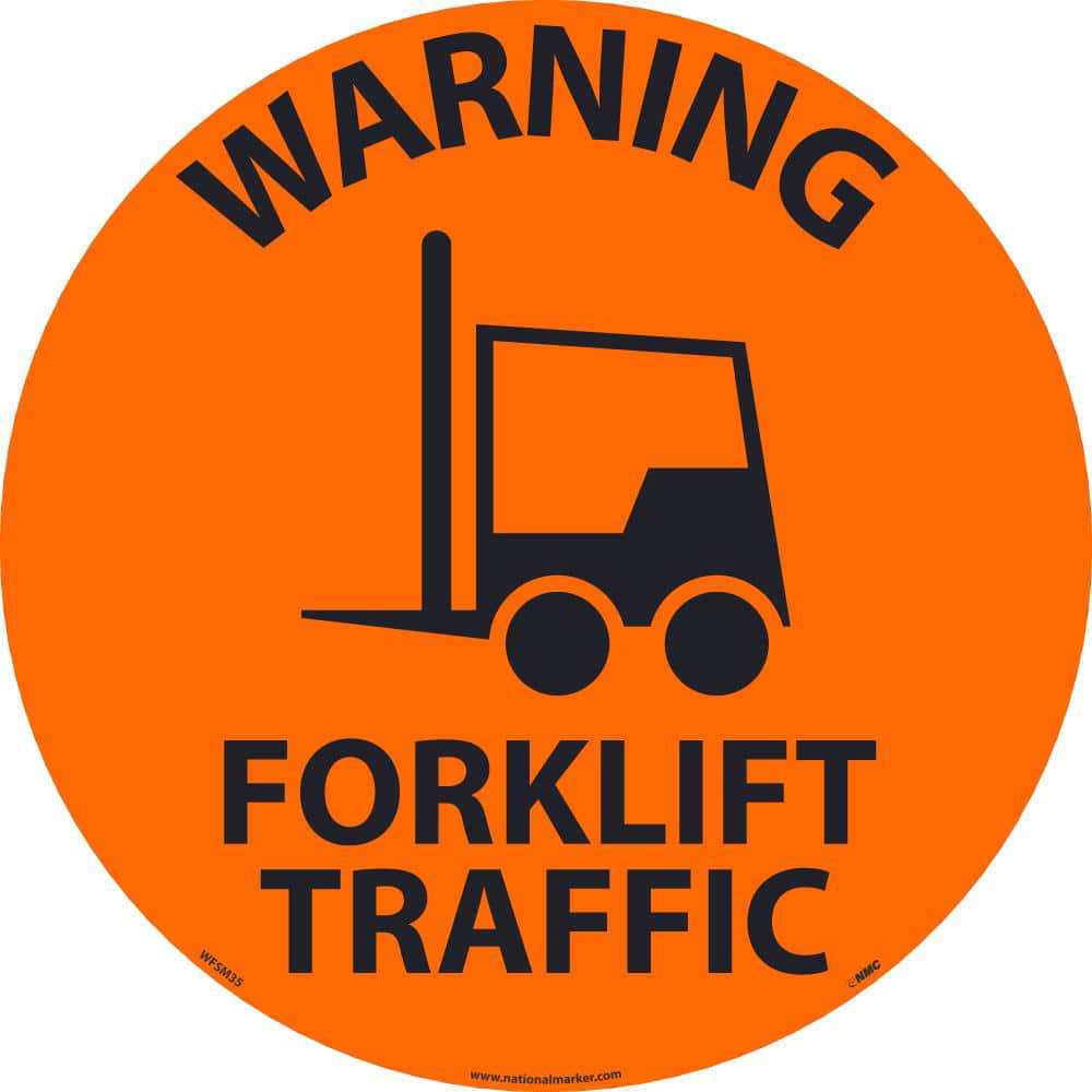 NMC - Adhesive Backed Floor Signs; Message Type: Accident Prevention ; Graphic Type: Forklift ; Message or Graphic: Message & Graphic ; Legend: Warning Forklift Traffic ; Color: Orange; Black ; Special Color Properties: No Special Properties - Exact Tooling