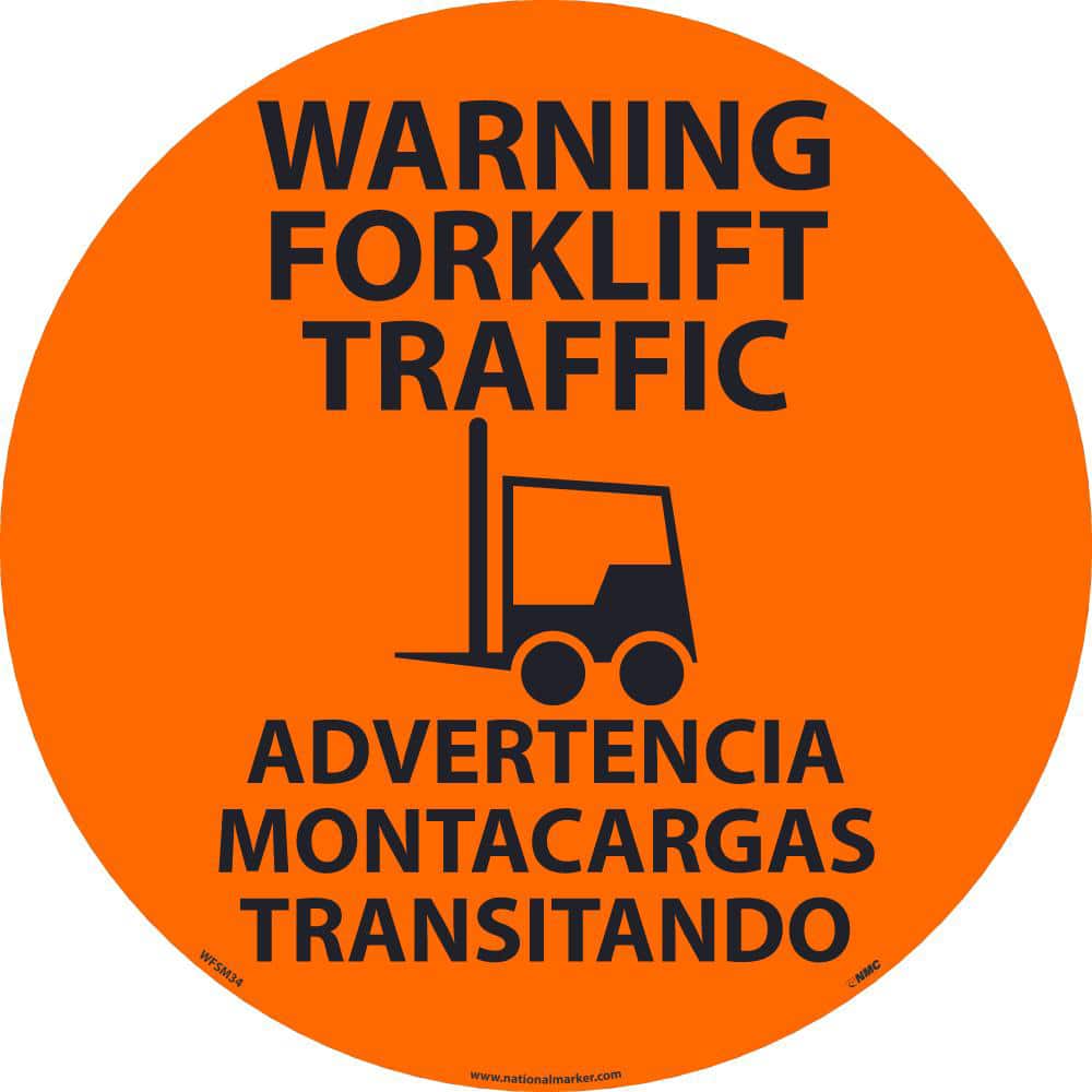 NMC - Adhesive Backed Floor Signs; Message Type: Accident Prevention ; Graphic Type: Forklift ; Message or Graphic: Message & Graphic ; Legend: Warning Forklift Traffic ; Color: Orange; Black ; Special Color Properties: No Special Properties - Exact Tooling