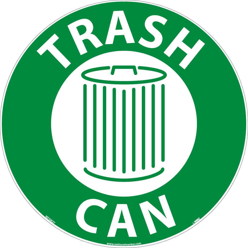 NMC - Adhesive Backed Floor Signs; Message Type: Restroom, Janitorial & Housekeeping ; Graphic Type: Trash Can ; Message or Graphic: Message & Graphic ; Legend: Trash Can ; Color: Green; White ; Special Color Properties: No Special Properties - Exact Tooling