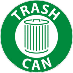 NMC - Adhesive Backed Floor Signs; Message Type: Restroom, Janitorial & Housekeeping ; Graphic Type: Trash Can ; Message or Graphic: Message & Graphic ; Legend: Trash Can ; Color: Green; White ; Special Color Properties: No Special Properties - Exact Tooling