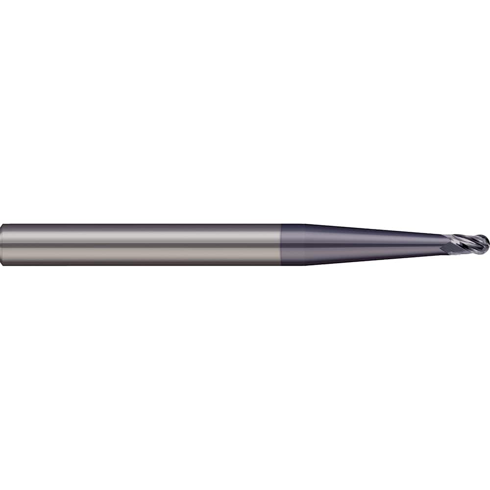 Ball End Mill: 0.01″ Dia, 0.03″ LOC, 2 Flute, Solid Carbide 1-1/2″ OAL, 1/8″ Shank Dia, 30 ° Helix, AlTiN Coated, Single End
