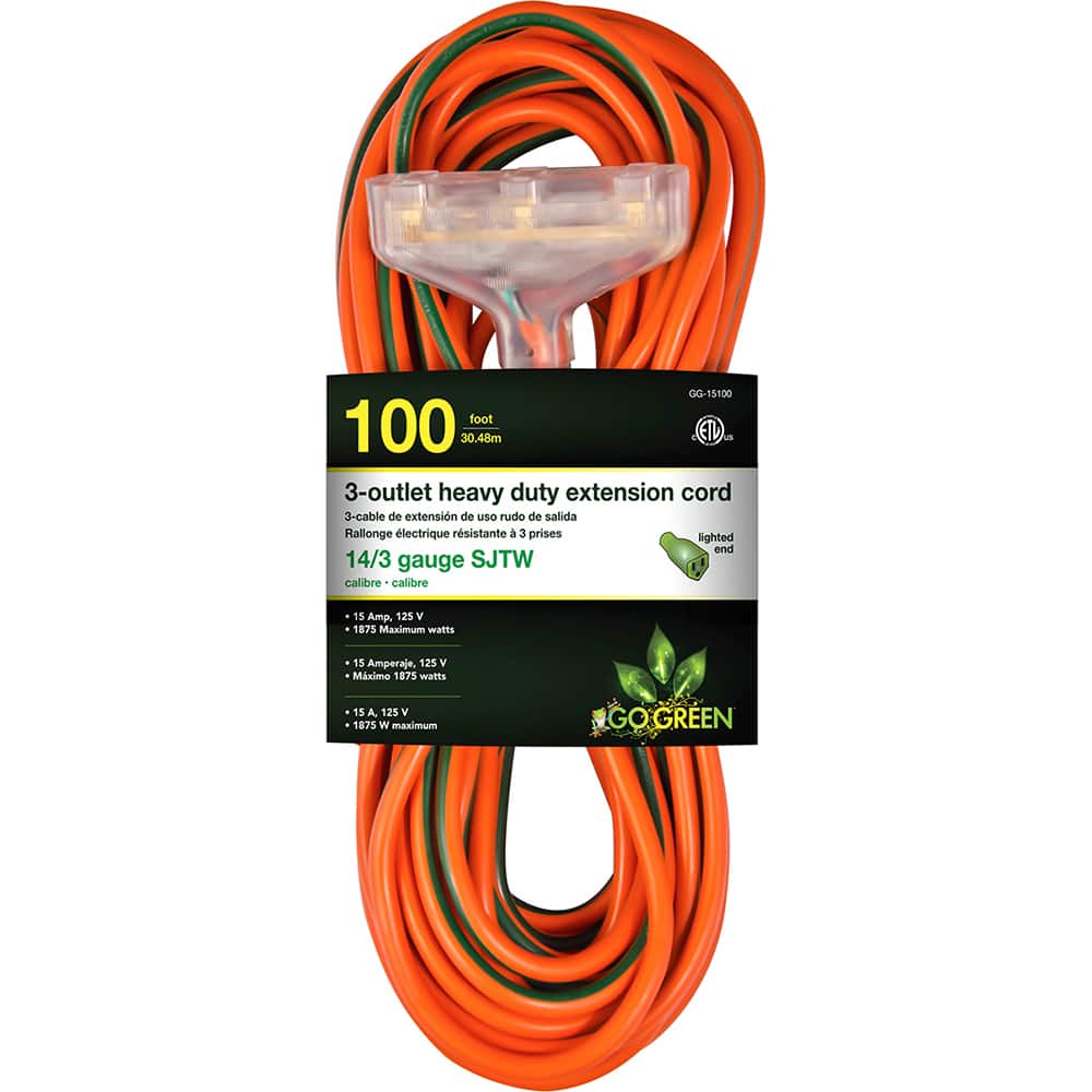 GoGreen Power - Power Cords; Cord Type: Extension Cord ; Overall Length (Feet): 100 ; Cord Color: Orange ; Amperage: 15 ; Voltage: 125 ; Wire Gauge/Number of Conductors: 14/3 - Exact Tooling
