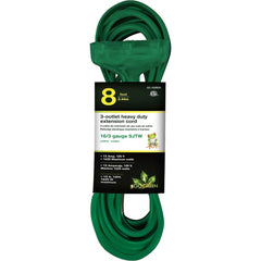 GoGreen Power - Power Cords; Cord Type: Extension Cord ; Overall Length (Feet): 8 ; Cord Color: Green ; Amperage: 13 ; Voltage: 125 ; Wire Gauge/Number of Conductors: 16/3 - Exact Tooling