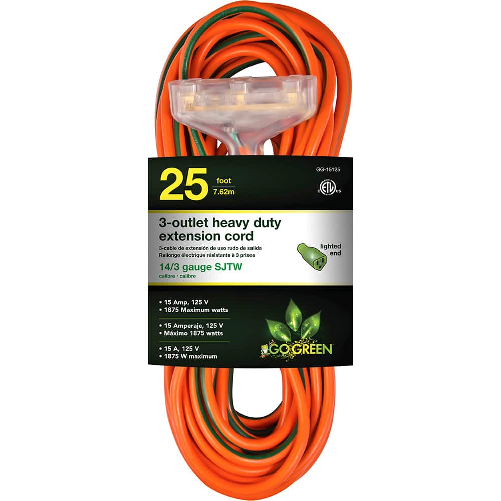 GoGreen Power - Power Cords; Cord Type: Extension Cord ; Overall Length (Feet): 25 ; Cord Color: Orange ; Amperage: 15 ; Voltage: 125 ; Wire Gauge/Number of Conductors: 14/3 - Exact Tooling