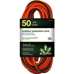GoGreen Power - Power Cords; Cord Type: Extension Cord ; Overall Length (Feet): 50 ; Cord Color: Orange ; Amperage: 15 ; Voltage: 125 ; Wire Gauge/Number of Conductors: 12/3 - Exact Tooling