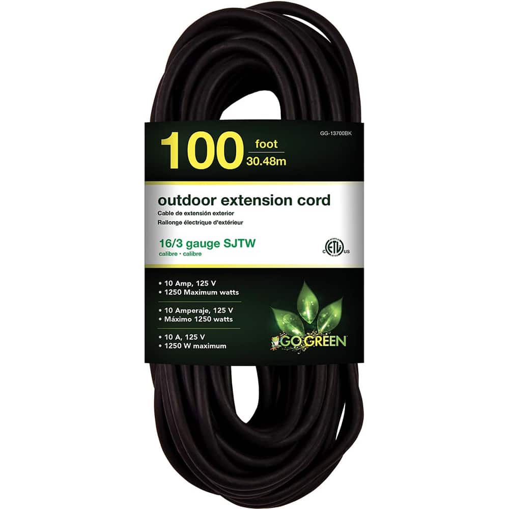 GoGreen Power - Power Cords; Cord Type: Extension Cord ; Overall Length (Feet): 100 ; Cord Color: Black ; Amperage: 10 ; Voltage: 125 ; Wire Gauge/Number of Conductors: 16/3 - Exact Tooling