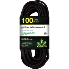GoGreen Power - Power Cords; Cord Type: Extension Cord ; Overall Length (Feet): 100 ; Cord Color: Black ; Amperage: 10 ; Voltage: 125 ; Wire Gauge/Number of Conductors: 16/3 - Exact Tooling