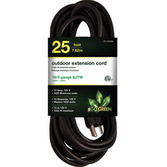 GoGreen Power - Power Cords; Cord Type: Extension Cord ; Overall Length (Feet): 25 ; Cord Color: Black ; Amperage: 13 ; Voltage: 125 ; Wire Gauge/Number of Conductors: 16/3 - Exact Tooling