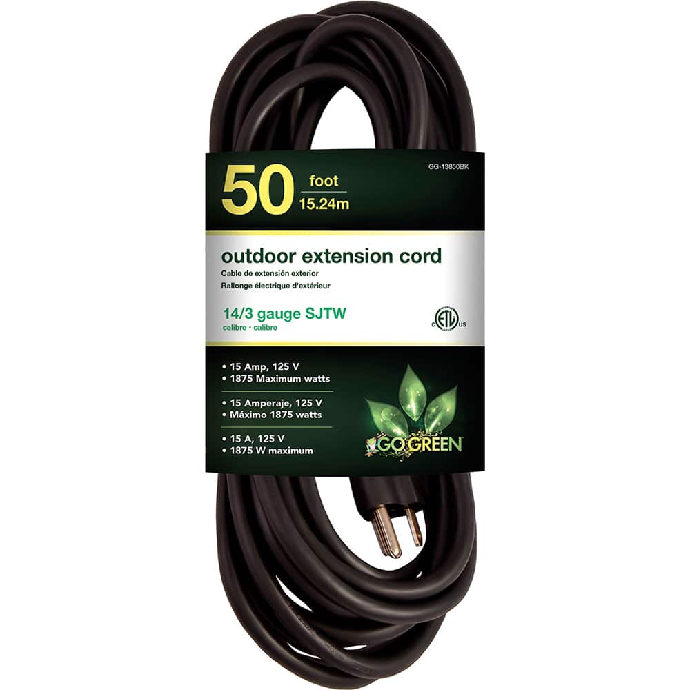 GoGreen Power - Power Cords; Cord Type: Extension Cord ; Overall Length (Feet): 50 ; Cord Color: Black ; Amperage: 15 ; Voltage: 125 ; Wire Gauge/Number of Conductors: 14/3 - Exact Tooling