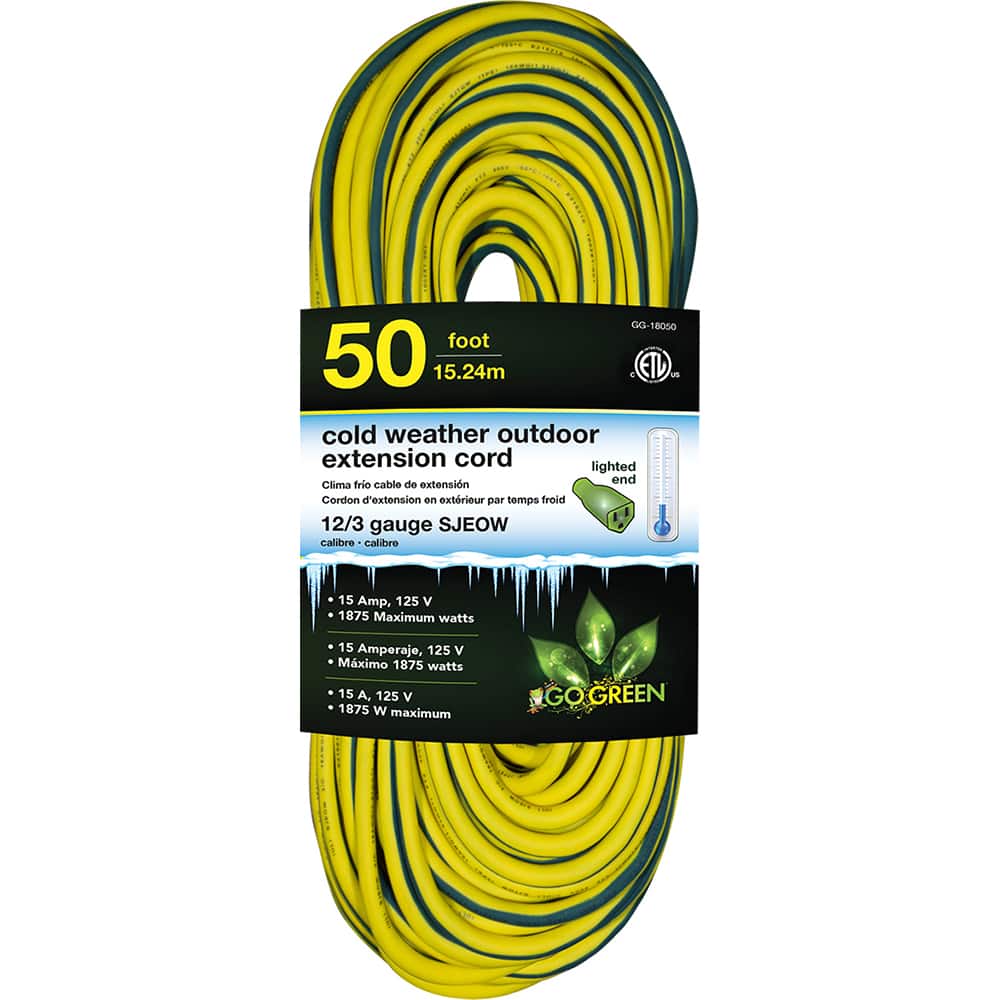 GoGreen Power - Power Cords; Cord Type: Extension Cord ; Overall Length (Feet): 50 ; Cord Color: Yellow ; Amperage: 13 ; Voltage: 125 ; Wire Gauge/Number of Conductors: 12/3 - Exact Tooling