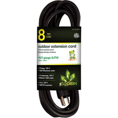 GoGreen Power - Power Cords; Cord Type: Extension Cord ; Overall Length (Feet): 8 ; Cord Color: Black ; Amperage: 13 ; Voltage: 125 ; Wire Gauge/Number of Conductors: 16/3 - Exact Tooling