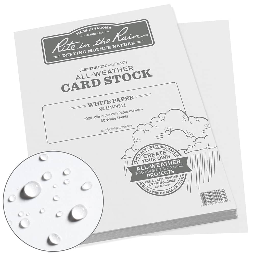Rite in the Rain - Office Machine Supplies & Accessories; Office Machine/Equipment Accessory Type: Card Stock ; For Use With: Laser Jet Printer ; Detailed Product Description: Rite in the Rain Weatherproof Card Stock, 8.5" x 11", 100# White, 80 Sheet Pac - Exact Tooling
