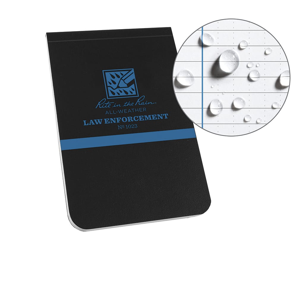 Rite in the Rain - Note Pads, Writing Pads & Notebooks; Writing Pads & Notebook Type: Law Enforcement Notebook ; Size: 3-1/4 x 5 ; Number of Sheets: 56 ; Color: Black ; Additional Information: Weatherproof - Exact Tooling