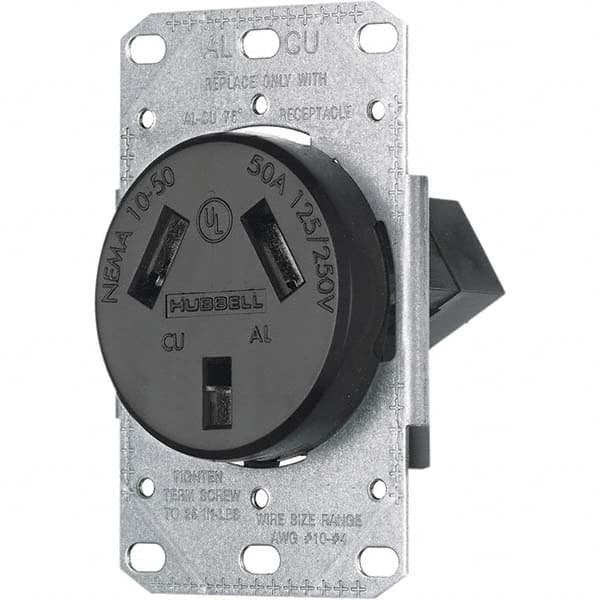 Hubbell Wiring Device-Kellems - 125/250 VAC 50A NEMA 10-50R Residential Grade Black Straight Blade Single Receptacle - Exact Tooling