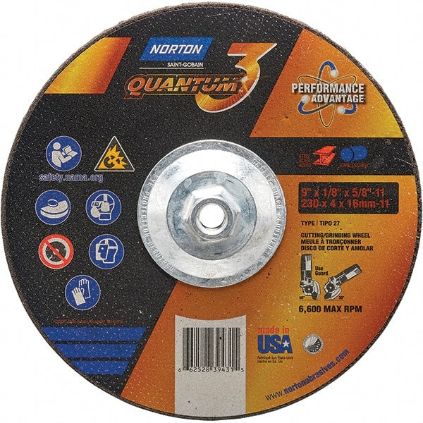Norton - 24 Grit, 9" Wheel Diam, 1/8" Wheel Thickness, 5/8" Arbor Hole, Type 27 Depressed Center Wheel - Coarse Grade, Ceramic, Resinoid Bond, 6,600 Max RPM - Exact Tooling