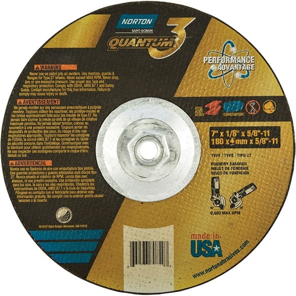 Norton - 24 Grit, 7" Wheel Diam, 1/8" Wheel Thickness, 5/8" Arbor Hole, Type 27 Depressed Center Wheel - Coarse Grade, Ceramic, Resinoid Bond, 8,600 Max RPM - Exact Tooling
