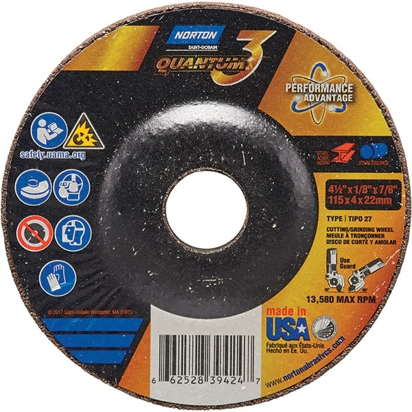 Norton - 24 Grit, 4-1/2" Wheel Diam, 1/8" Wheel Thickness, 7/8" Arbor Hole, Type 27 Depressed Center Wheel - Coarse Grade, Ceramic, Resinoid Bond, 13,580 Max RPM - Exact Tooling