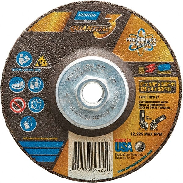 Norton - 24 Grit, 5" Wheel Diam, 1/8" Wheel Thickness, 5/8" Arbor Hole, Type 27 Depressed Center Wheel - Coarse Grade, Ceramic, Resinoid Bond, 12,225 Max RPM - Exact Tooling