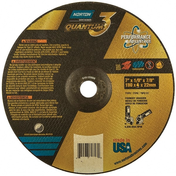 Norton - 24 Grit, 7" Wheel Diam, 1/8" Wheel Thickness, 7/8" Arbor Hole, Type 27 Depressed Center Wheel - Coarse Grade, Ceramic, Resinoid Bond, 8,600 Max RPM - Exact Tooling