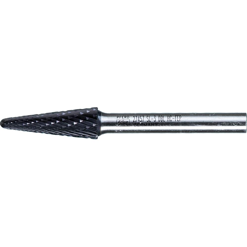 PFERD - SL-3, 3/8" Cut Diam, 1/4" Shank Diam, Carbide Double Cut Taper with Radius End Burr - Exact Tooling