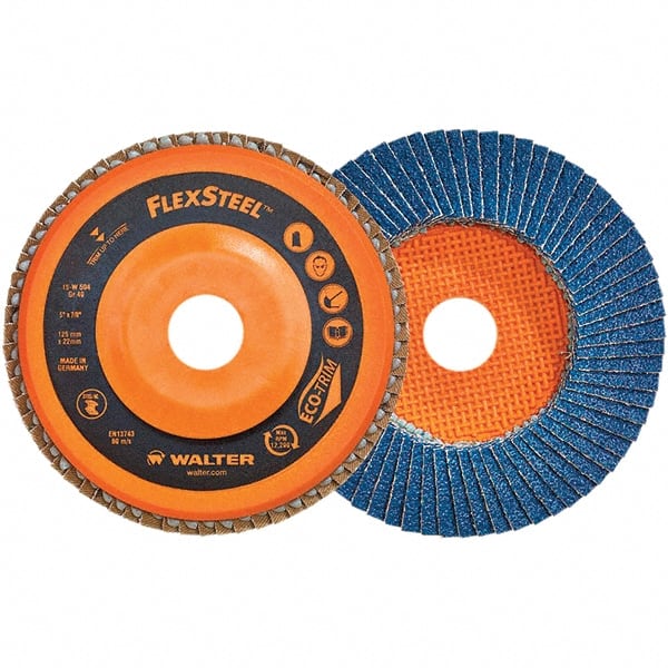 WALTER Surface Technologies - 80 Grit, 7" Disc Diam, 7/8" Center Hole, Type 27 Zirconia Alumina Flap Disc - 8,600 Max RPM, Poly Cotton Backing, Threaded Hole Attaching System, Coated - Exact Tooling