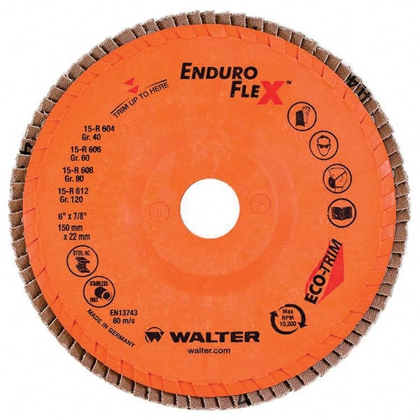 WALTER Surface Technologies - 60 Grit, 6" Disc Diam, 7/8" Center Hole, Type 27 Zirconia Alumina Flap Disc - 10,200 Max RPM, Poly Cotton Backing, Threaded Hole Attaching System, Coated - Exact Tooling