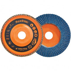 WALTER Surface Technologies - 120 Grit, 7" Disc Diam, 7/8" Center Hole, Type 27 Zirconia Alumina Flap Disc - 8,600 Max RPM, Poly Cotton Backing, Threaded Hole Attaching System, Coated - Exact Tooling