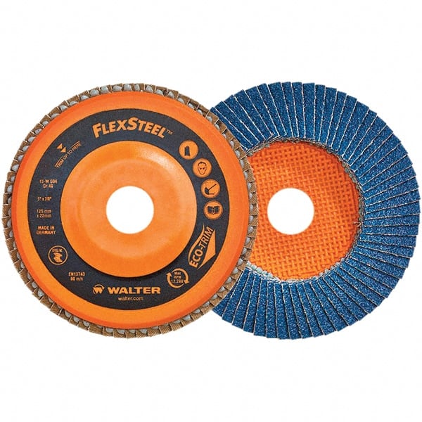 WALTER Surface Technologies - 60 Grit, 7" Disc Diam, 7/8" Center Hole, Type 27 Zirconia Alumina Flap Disc - 8,600 Max RPM, Poly Cotton Backing, Threaded Hole Attaching System, Coated - Exact Tooling
