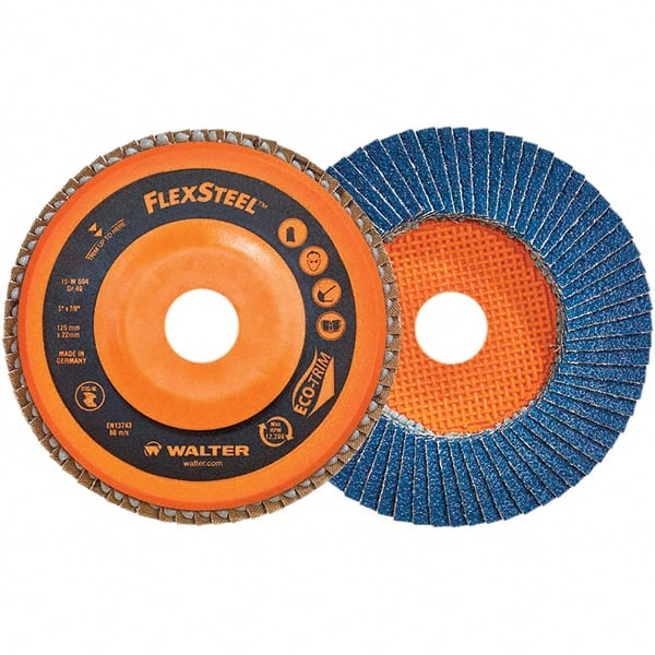 WALTER Surface Technologies - 120 Grit, 6" Disc Diam, 7/8" Center Hole, Type 27 Zirconia Alumina Flap Disc - 10,200 Max RPM, Poly Cotton Backing, Threaded Hole Attaching System, Coated - Exact Tooling