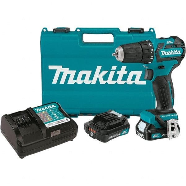 Makita - 12 Volt 3/8" Chuck Pistol Grip Handle Cordless Drill - 0-1500 RPM, Keyless Chuck, Reversible, 2 Lithium-Ion Batteries Included - Exact Tooling
