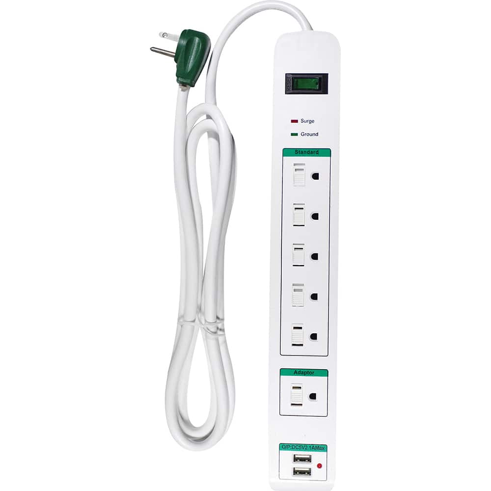 GoGreen Power - Power Outlet Strips; Amperage: 15 ; Voltage: 125 ; Number of Outlets: 6 ; Material: Plastic ; Mounting Type: Floor ; Cord Length (Feet): 6 - Exact Tooling