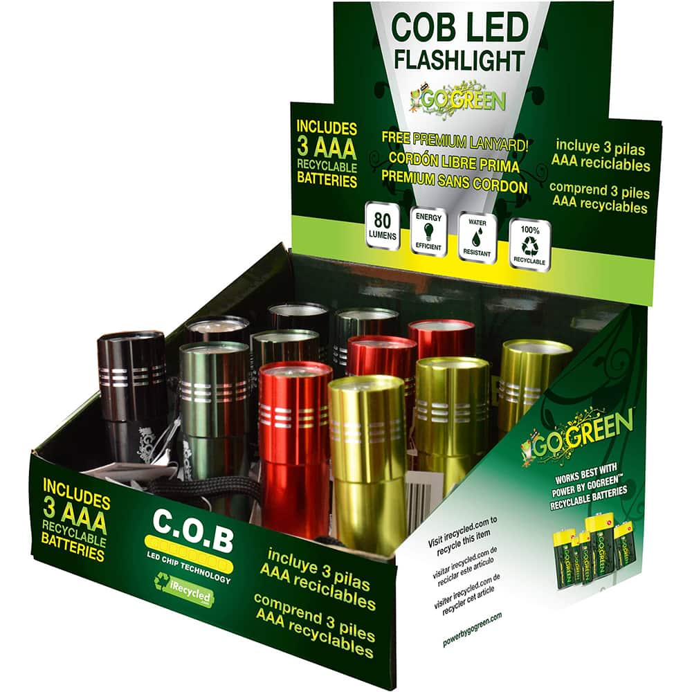 GoGreen Power - Flashlights; Type: Industrial/Tactical ; Bulb Type: LED ; Battery Size: AAA ; Rechargeable: Disposable ; Body Color: Black; Green; Red ; Complete Light Output (Lumens): 80 - Exact Tooling